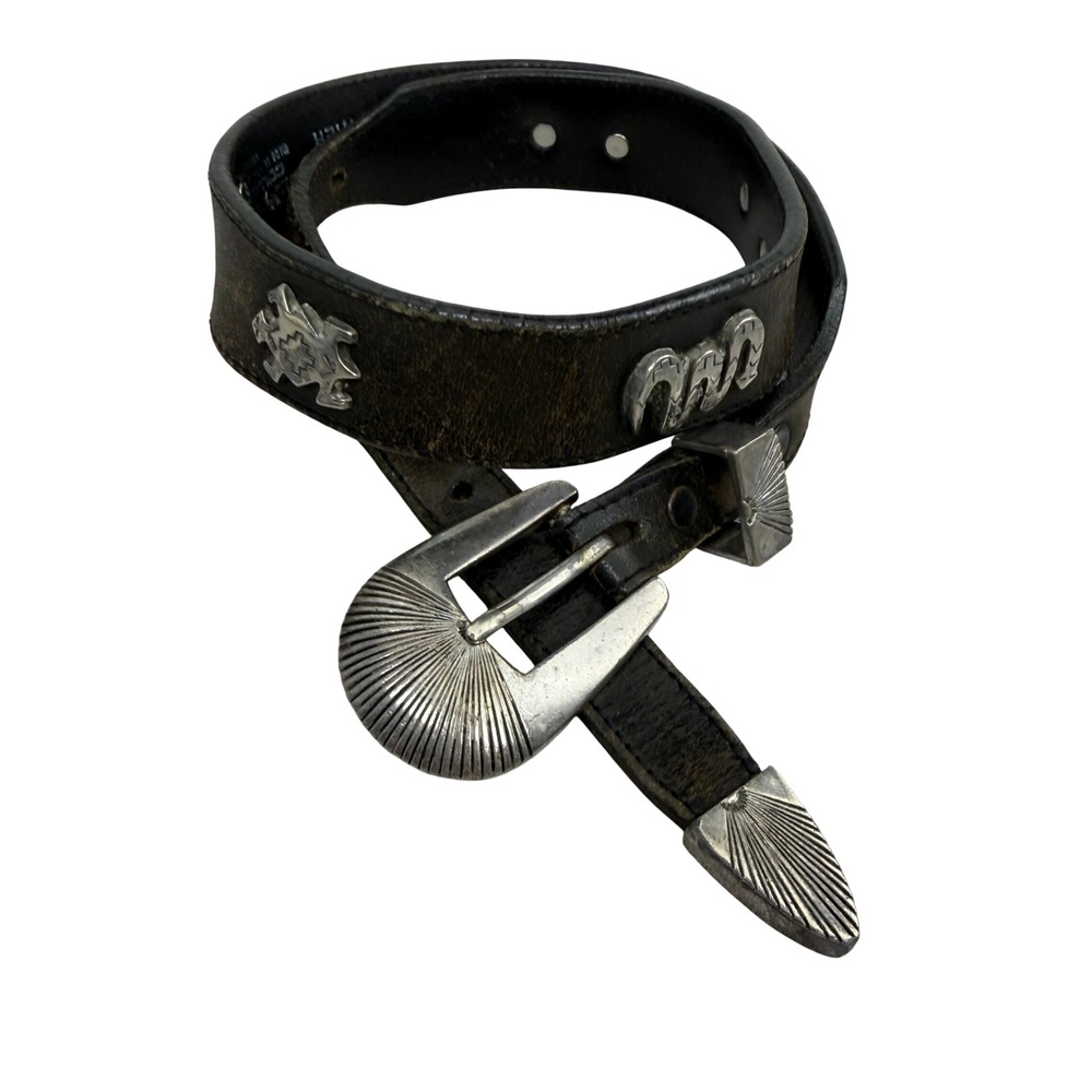 Silver Creek Belt Womens 26 Black Western Leather Animal Medallion Vintage USA